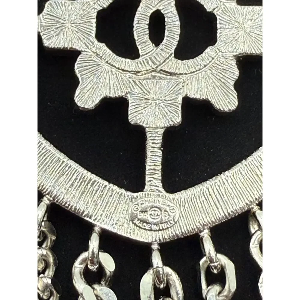 Chanel Baguette Crystal CC Shield Multi-Strand Long Chain Brooch Silver
